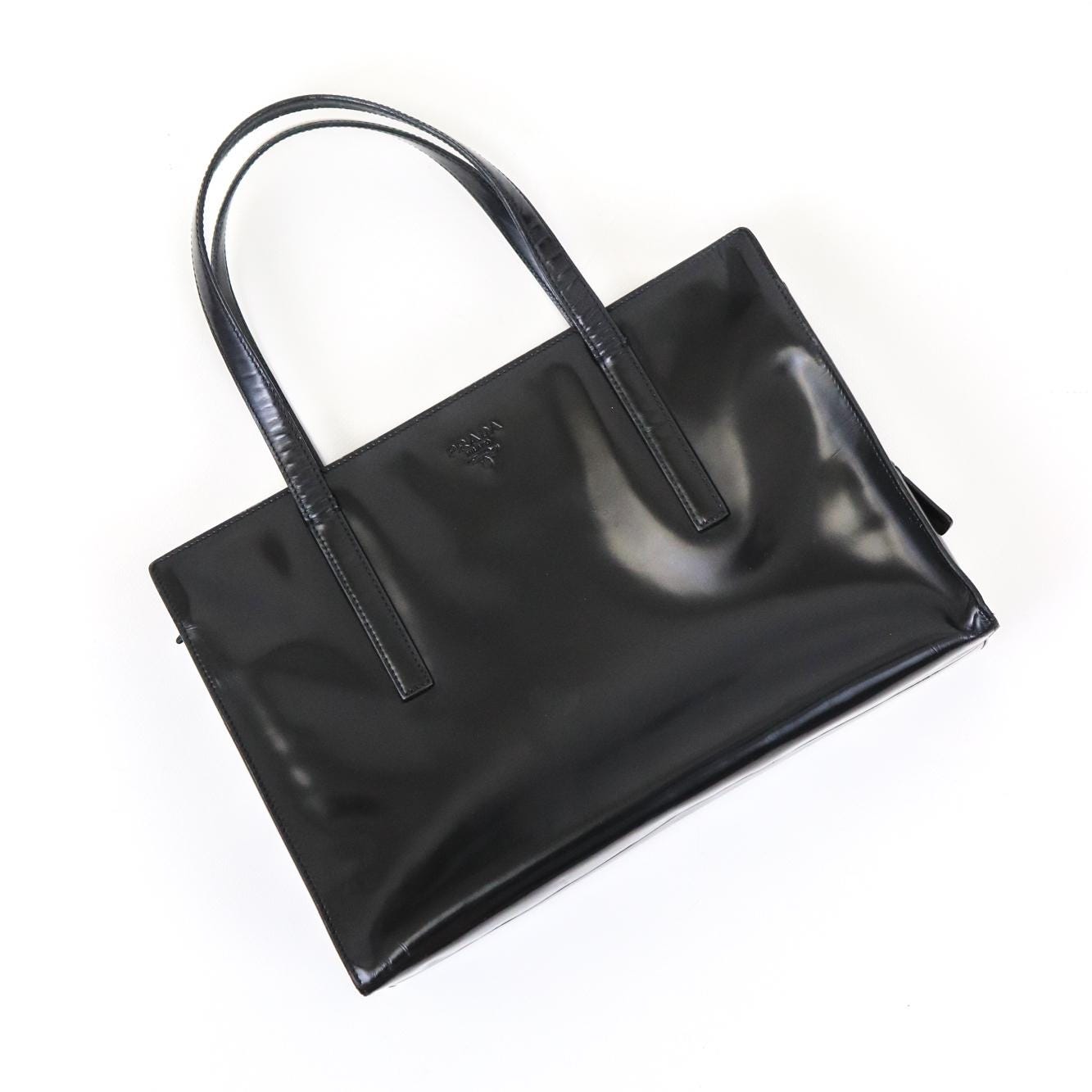 Vintage 1990s Prada Spazzolato Black Patent Leather Shoulder Bag As seen on Carolyn Bessette Kennedy