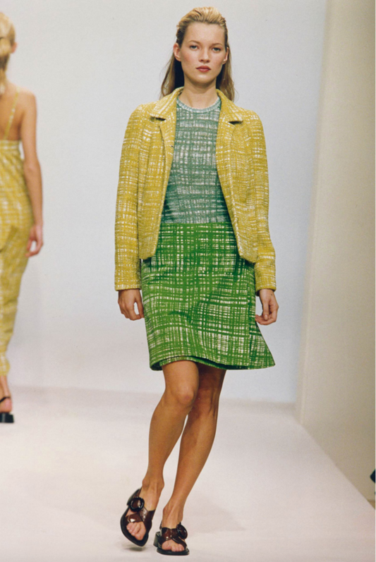 Vintage S/S 1996 Prada 'Ugly Chic' Acid Yellow Tweed Print Runway Skirt / XS