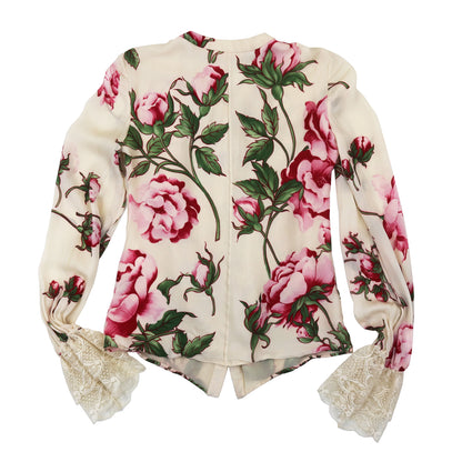 Vintage Valentino S/S 2006 Runway Silk Floral Print Blouse Lace Ruffle Jabot Top / XS-S