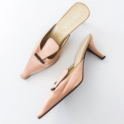 Vintage 2000s Prada Nude Satin Pointed Toe Flared Kitten Heel Mules / 37.5 (US 7.5)