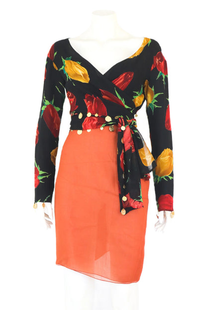 Vintage S/S 1992 Complice by Dolce&Gabbana Coins Embellished Floral Print Wrap Top / IT 42 (S)