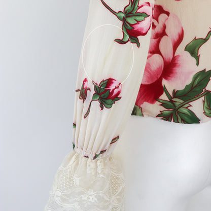 Vintage Valentino S/S 2006 Runway Silk Floral Print Blouse Lace Ruffle Jabot Top / XS-S