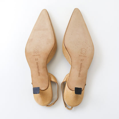 Vintage Manolo Blahnik Beige Carolyne Slingback Kitten Heels Reptile Leather / 37 (US 7)