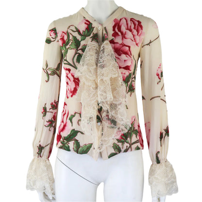 Vintage Valentino S/S 2006 Runway Silk Floral Print Blouse Lace Ruffle Jabot Top / XS-S