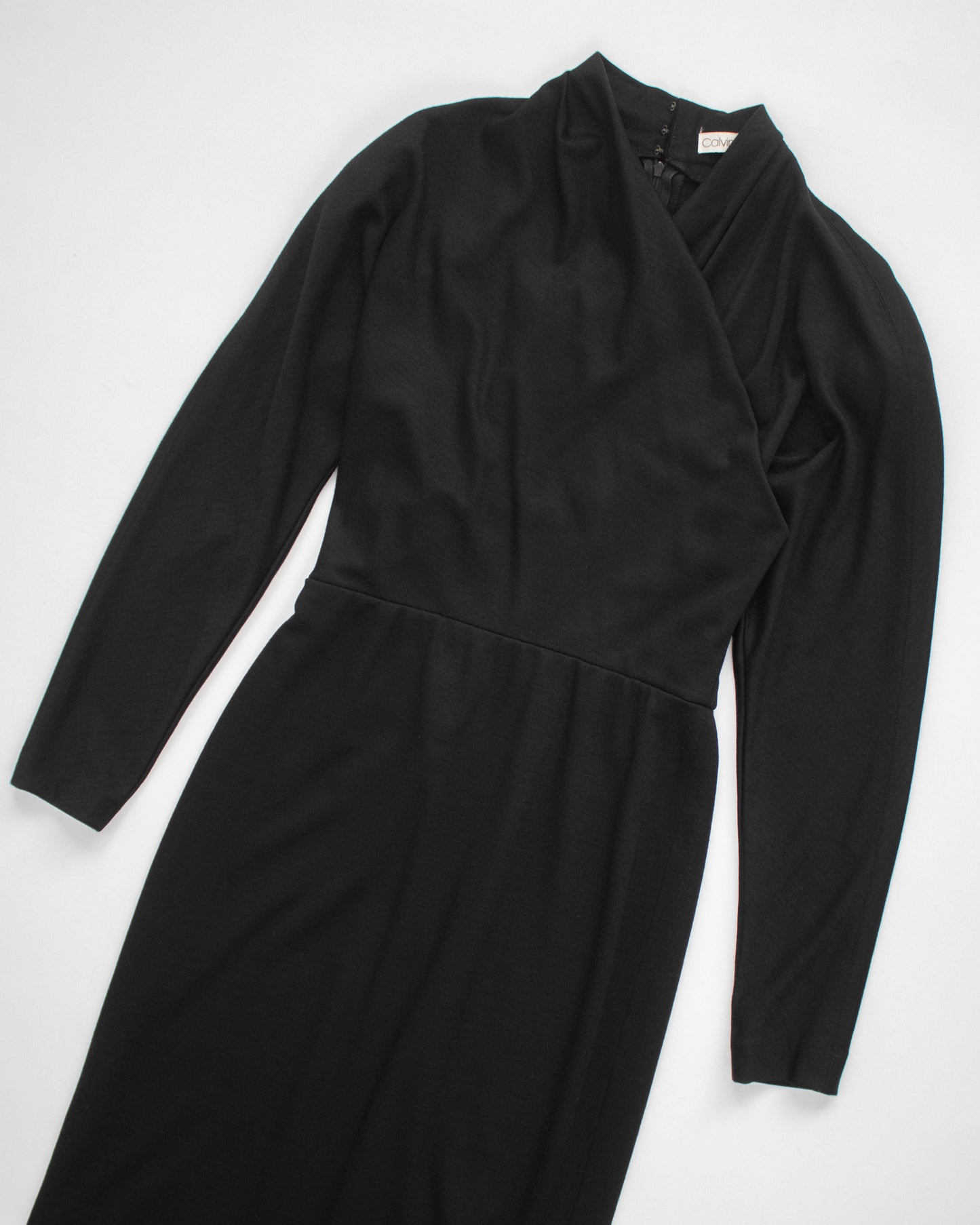 Vintage F/W 1986 Calvin Klein Collection Black Wool Midi Runway Dress / XS-S