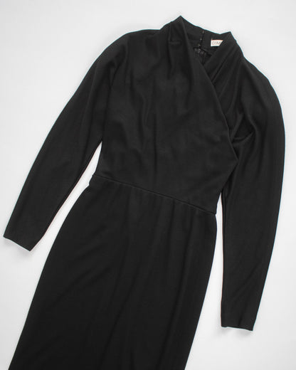 Vintage F/W 1986 Calvin Klein Collection Black Wool Midi Runway Dress / XS-S