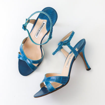 Vintage Manolo Blahnik Callamu Blue Croc Ankle Strap Heels / 37 (US 7)