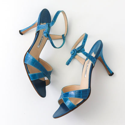 Vintage Manolo Blahnik Callamu Blue Croc Ankle Strap Heels / 37 (US 7)