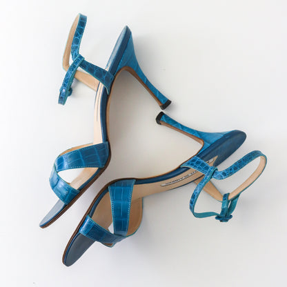 Vintage Manolo Blahnik Callamu Blue Croc Ankle Strap Heels / 37 (US 7)