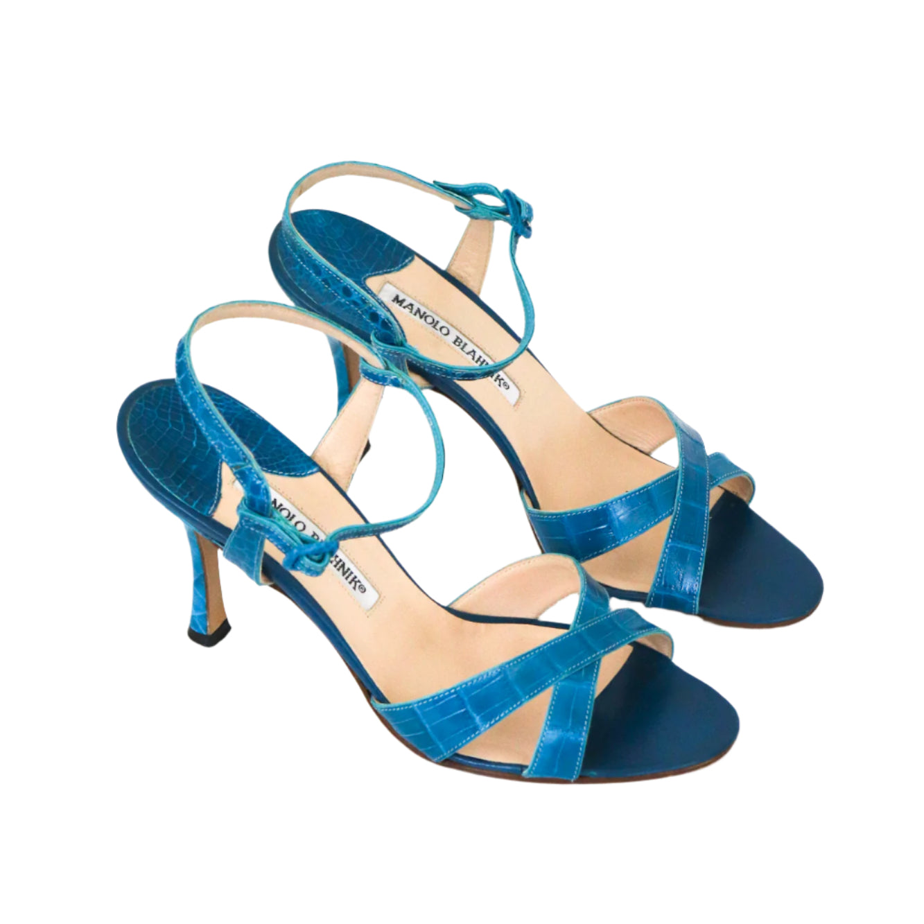 Vintage Manolo Blahnik Callamu Blue Croc Ankle Strap Heels / 37 (US 7)
