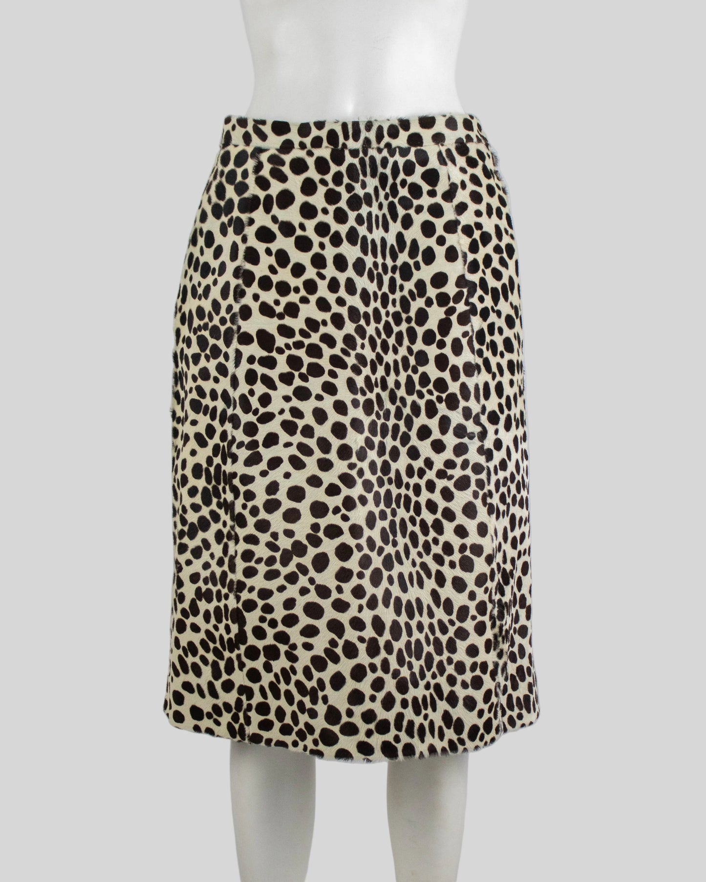 Vintage Prada F/W 1995 dalmatian leaopard print pony hair skirt on the mannequin front view