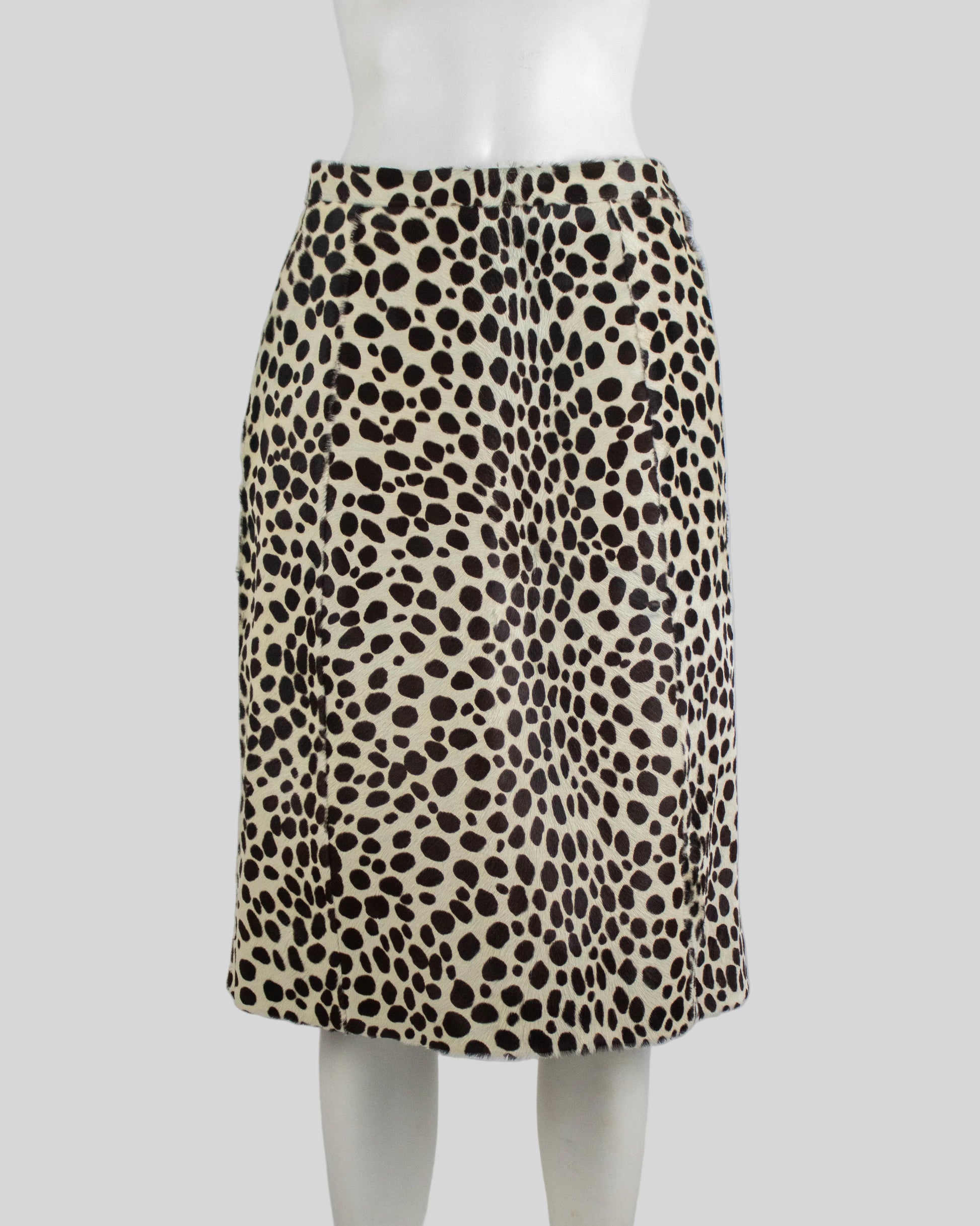 Vintage Prada F/W 1995 dalmatian leaopard print pony hair skirt on the mannequin front view