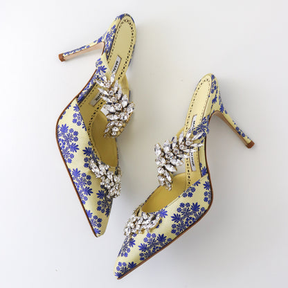 Manolo Blahnik S/S 2020 Lurum Floral Jacquard Crystal Embellished Heels / 37.5 (US 7.5)