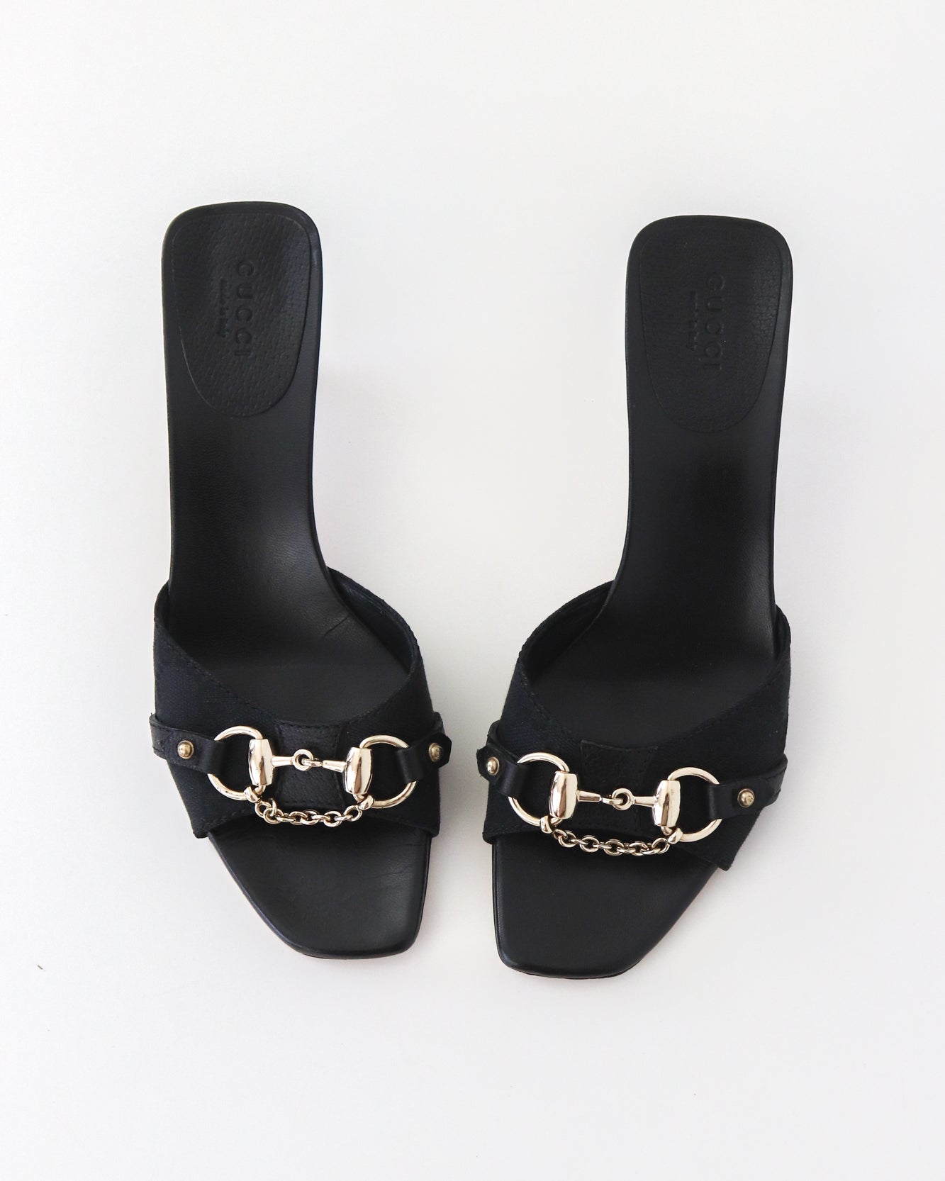Vintage 2000s Gucci Black Monogram Kitten Heel Mules Horsebit Chain Detail / 36.5 (US 6.5)