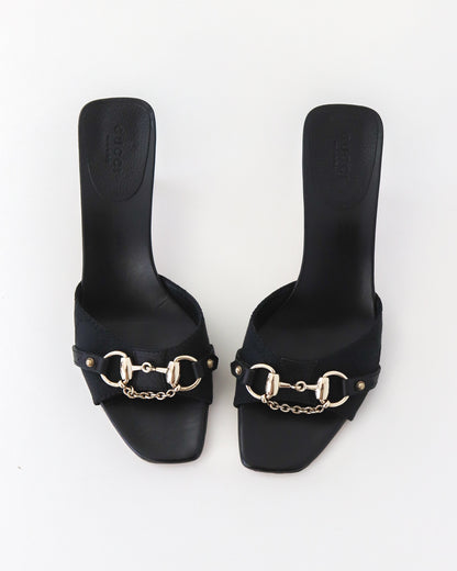 Vintage 2000s Gucci Black Monogram Kitten Heel Mules Horsebit Chain Detail / 36.5 (US 6.5)