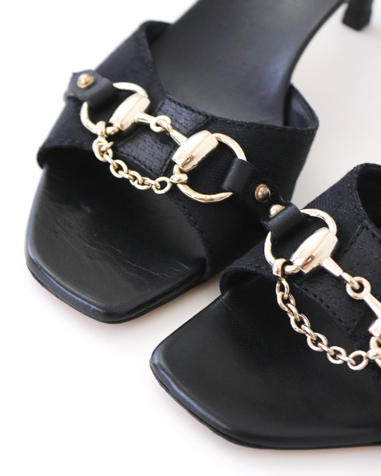 Vintage 2000s Gucci Black Monogram Kitten Heel Mules Horsebit Chain Detail / 36.5 (US 6.5)
