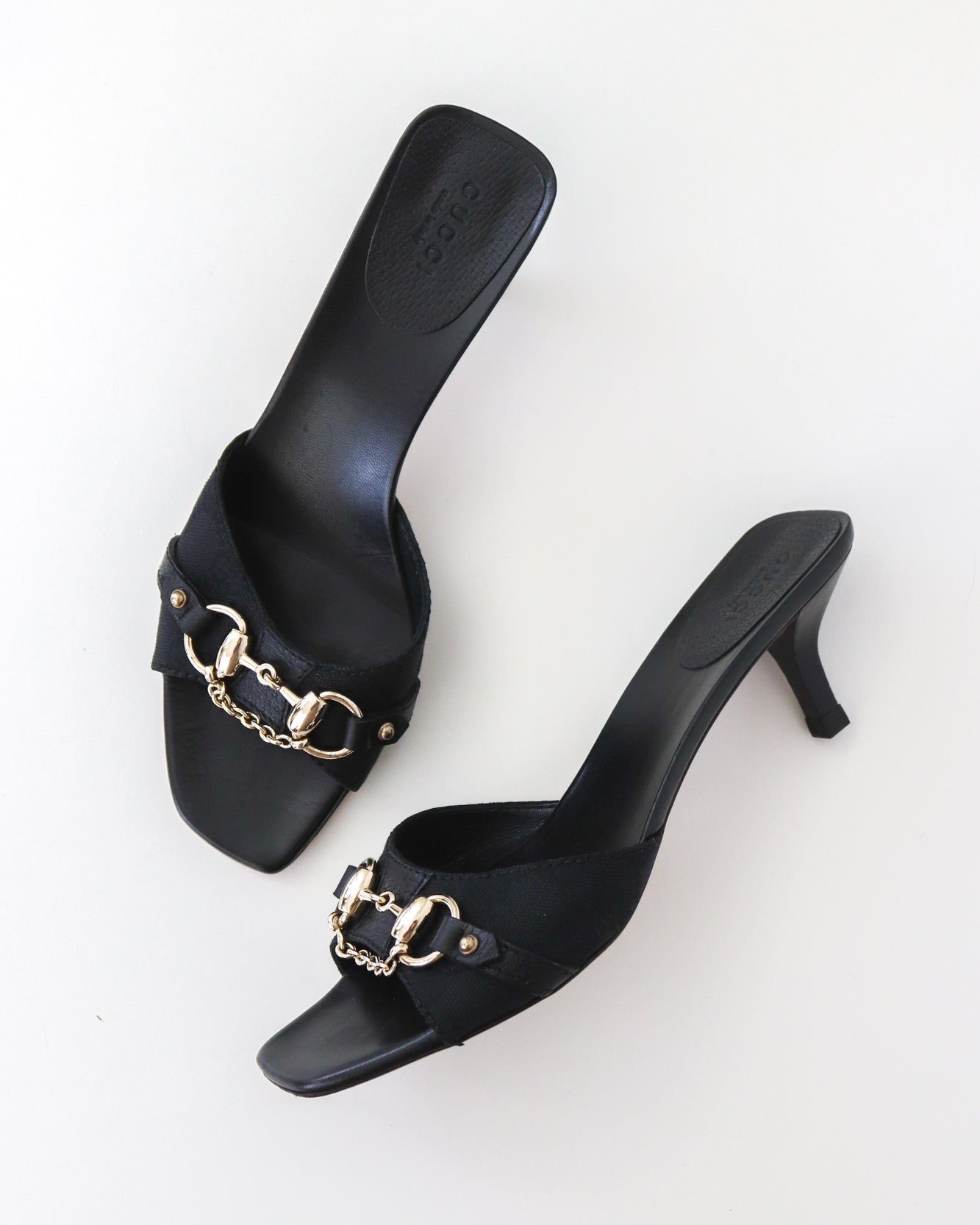 Vintage 2000s Gucci Black Monogram Kitten Heel Mules Horsebit Chain Detail / 36.5 (US 6.5)
