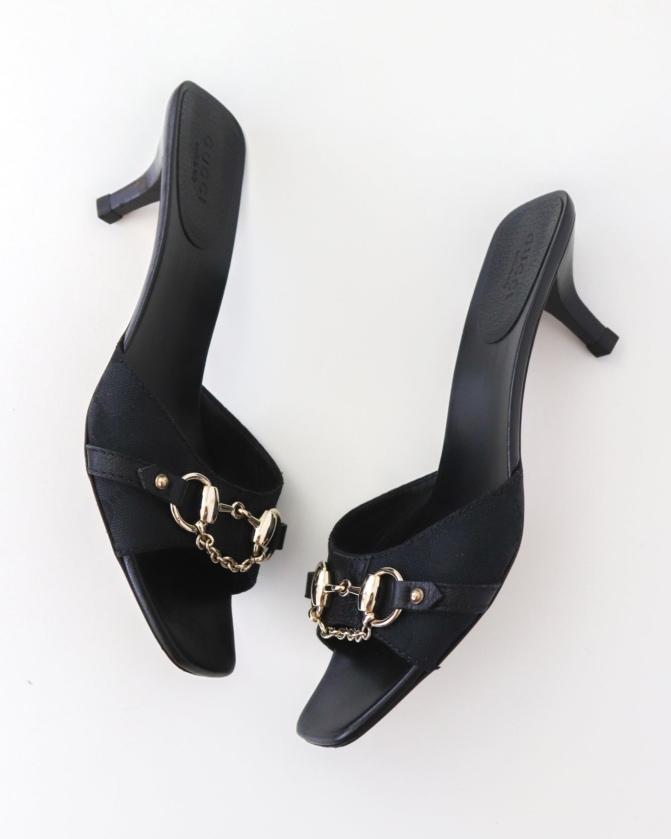 Vintage 2000s Gucci Black Monogram Kitten Heel Mules Horsebit Chain Detail / 36.5 (US 6.5)