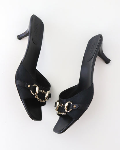 Vintage 2000s Gucci Black Monogram Kitten Heel Mules Horsebit Chain Detail / 36.5 (US 6.5)