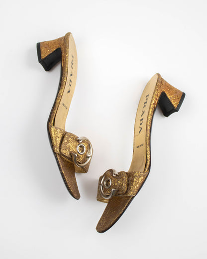 Vintage S/S 2002 Prada Gold Brocade Block Heel Mules / 36 (US 6)