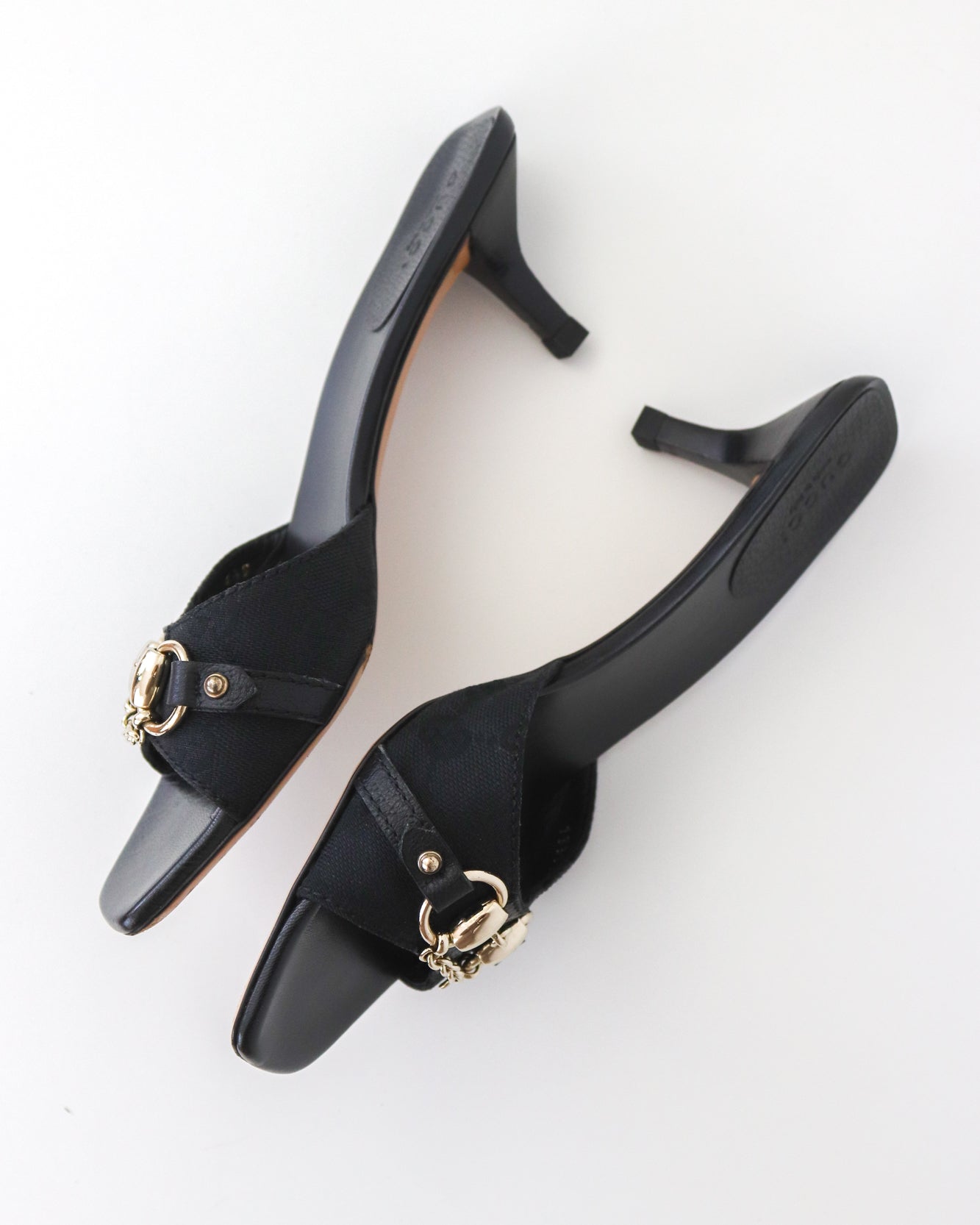 Vintage 2000s Gucci Black Monogram Kitten Heel Mules Horsebit Chain Detail / 36.5 (US 6.5)
