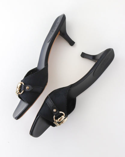 Vintage 2000s Gucci Black Monogram Kitten Heel Mules Horsebit Chain Detail / 36.5 (US 6.5)