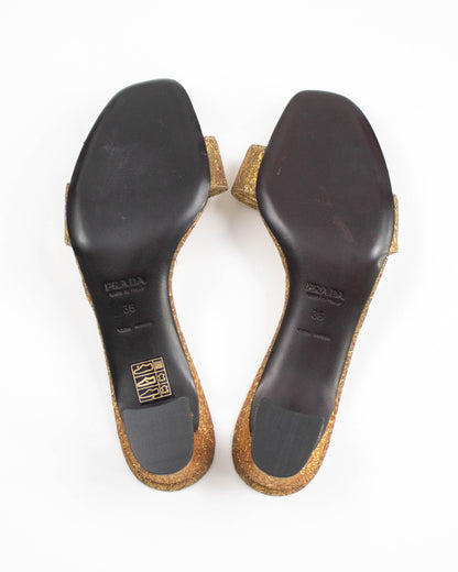 Vintage S/S 2002 Prada Gold Brocade Block Heel Mules / 36 (US 6)