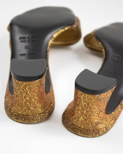 Vintage S/S 2002 Prada Gold Brocade Block Heel Mules / 36 (US 6)