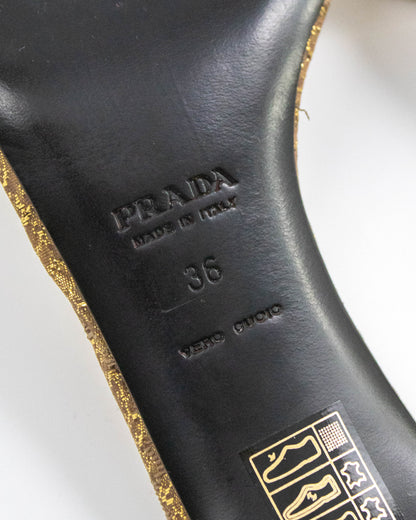 Vintage S/S 2002 Prada Gold Brocade Block Heel Mules / 36 (US 6)