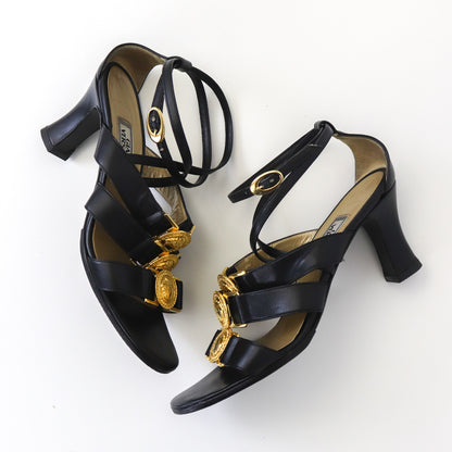 Vintage 1990s Gianni Versace Gold Medusa Head Medallion Black Leather Heels / 37 (US 7)