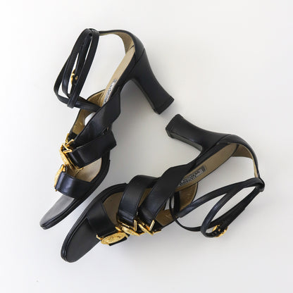 Vintage 1990s Gianni Versace Gold Medusa Head Medallion Black Leather Heels / 37 (US 7)