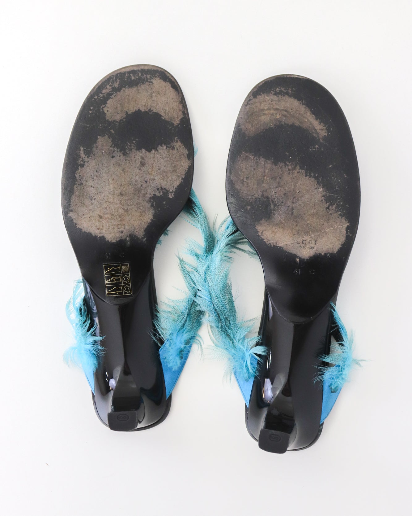 Vintage S/S 1999 Gucci by Tom Ford Runway Blue Feather Thong Mule Heels / 41 ( US 11)