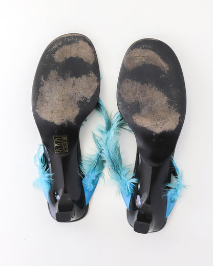 Vintage S/S 1999 Gucci by Tom Ford Runway Blue Feather Thong Mule Heels / 41 ( US 11)