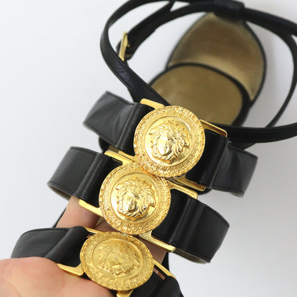 Vintage 1990s Gianni Versace Gold Medusa Head Medallion Black Leather Heels / 37 (US 7)