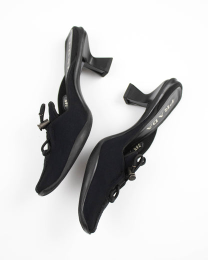 Vintage F/W 1999 Prada Black Nylon Kitten Heel Mules / 36.5 (US 6.5)