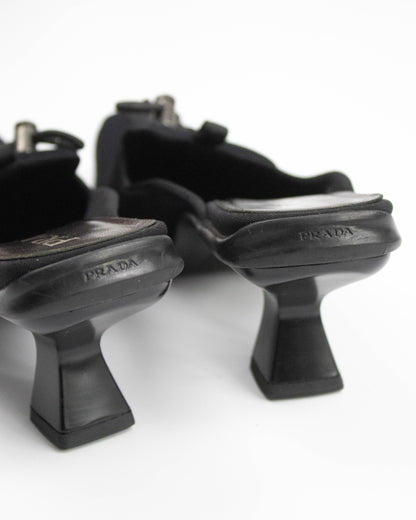 Vintage F/W 1999 Prada Black Nylon Kitten Heel Mules / 36.5 (US 6.5)