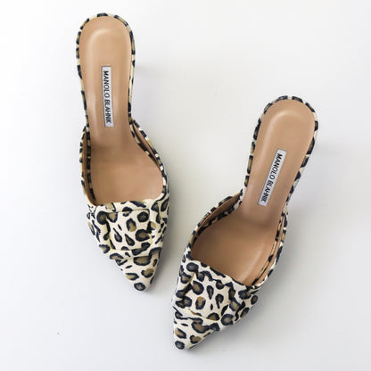 Manolo Blahnik Maysale Suede Heels Leopard Print Leather Mules / 37.5 (US 7.5)
