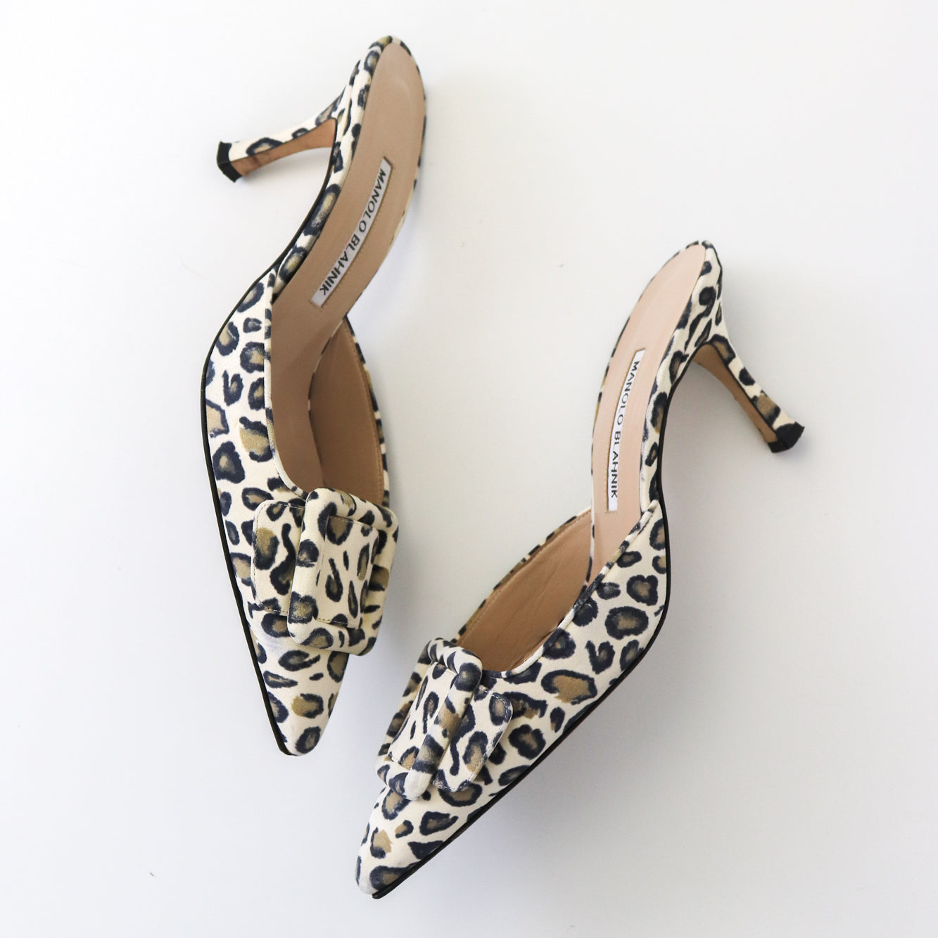 Manolo Blahnik Maysale Suede Heels Leopard Print Leather Mules / 37.5 (US 7.5)