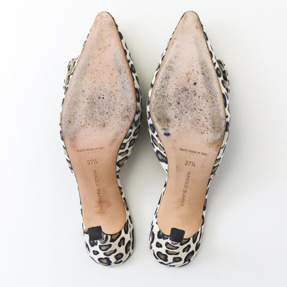 Manolo Blahnik Maysale Suede Heels Leopard Print Leather Mules / 37.5 (US 7.5)