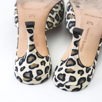 Manolo Blahnik Maysale Suede Heels Leopard Print Leather Mules / 37.5 (US 7.5)