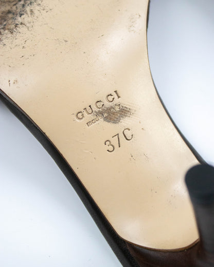 Vintage Gucci by Tom Ford Brown Monogram Bow Detail Mule Heels / 37 (US 7)