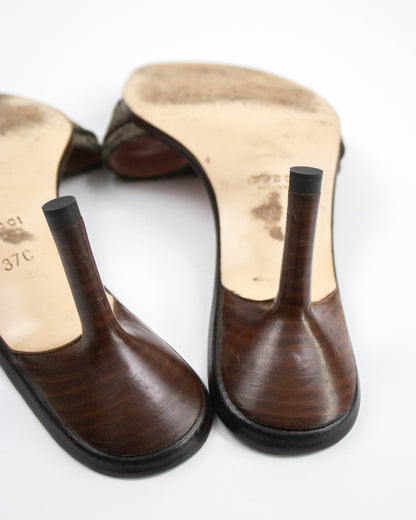Vintage Gucci by Tom Ford Brown Monogram Bow Detail Mule Heels / 37 (US 7)