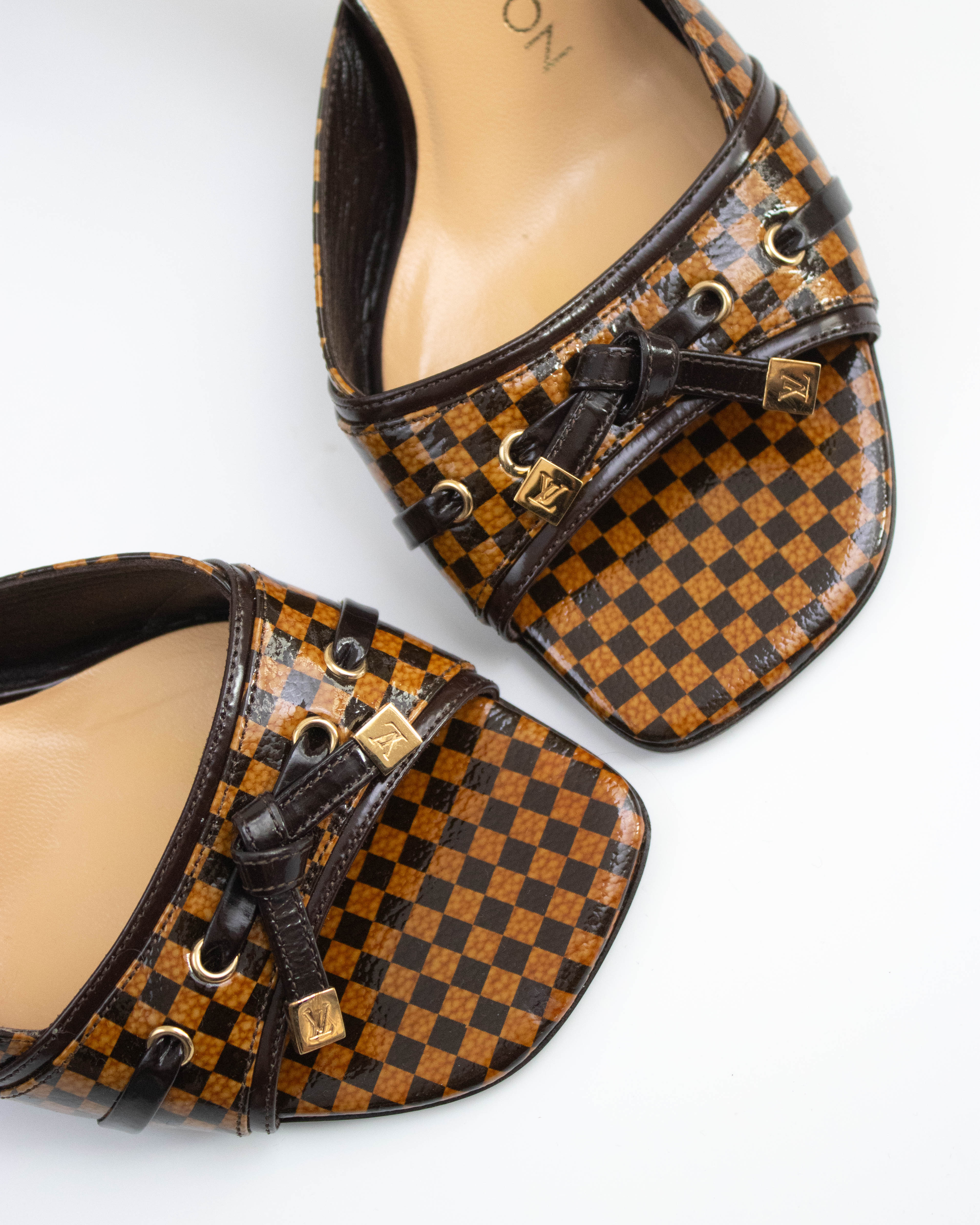 靴 LV Damier Mule Sandals Brown 36 Y2K Vintage Louis Vuitton Damier Bow Detail Mule Heels / 36 (US 6
