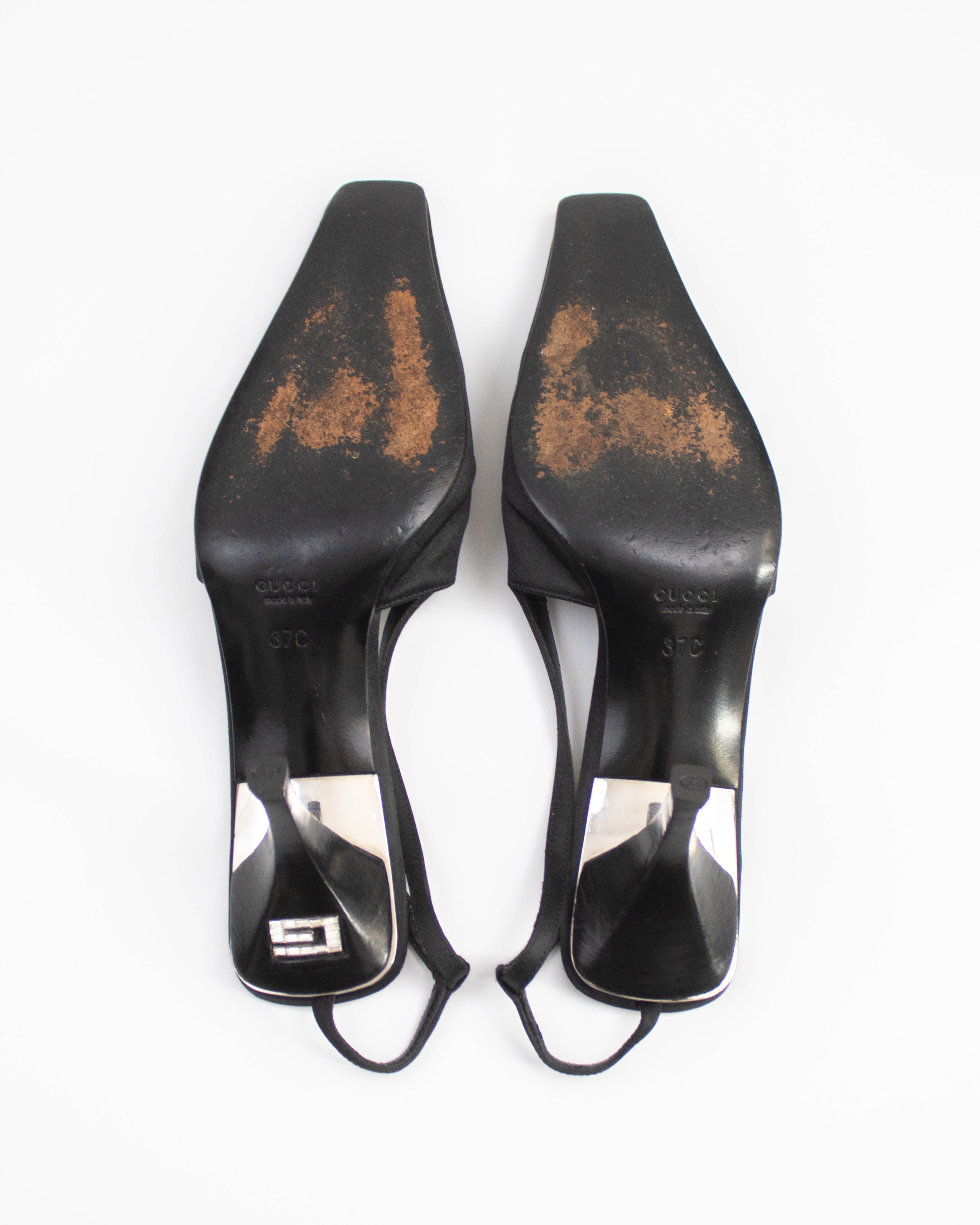 Vintage S/S 1998 Gucci Black Satin Slingback Heels G Letter Detail