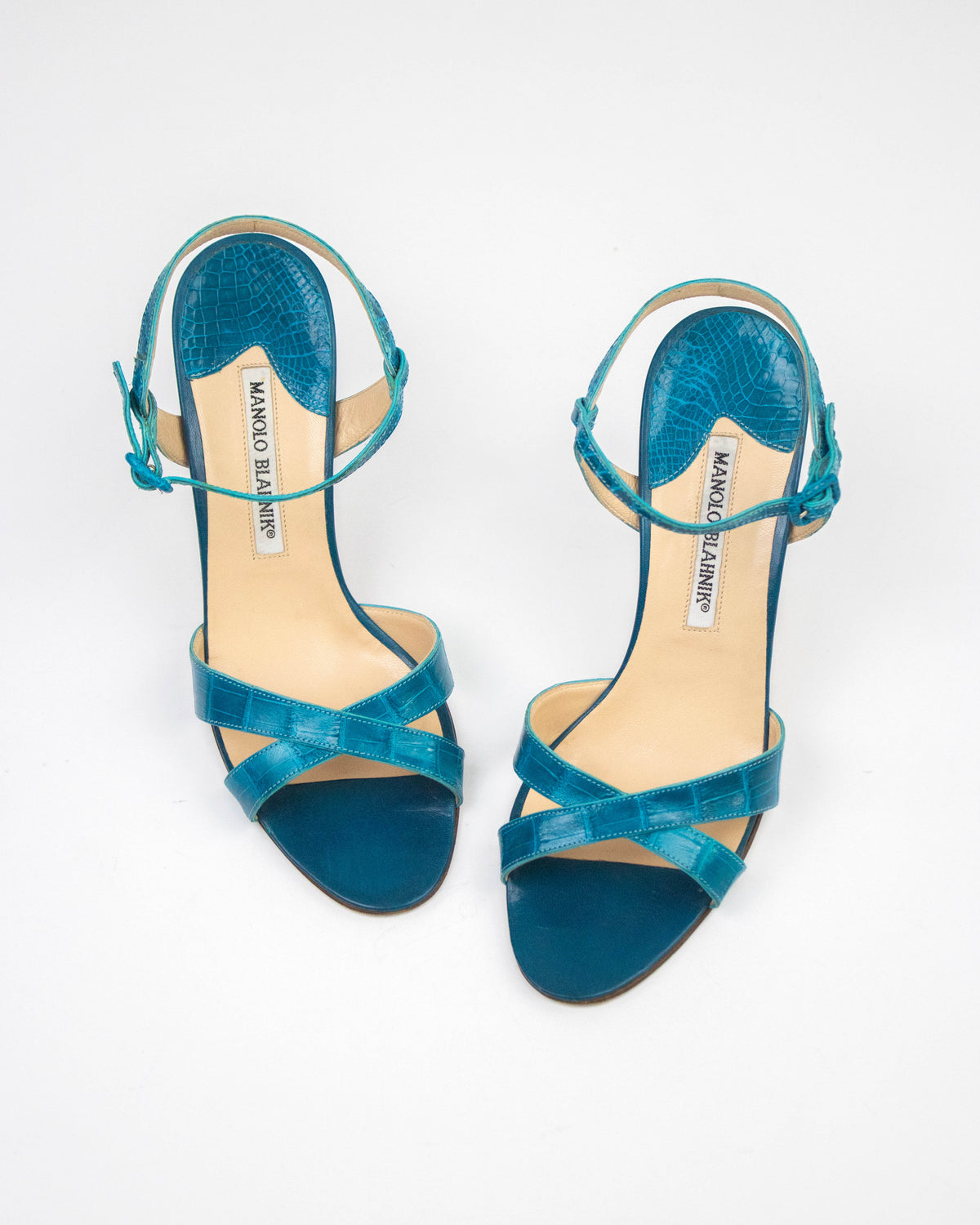 Vintage Manolo Blahnik Turquoise Callasli Ankle Strap Heels / 37 (US 7)