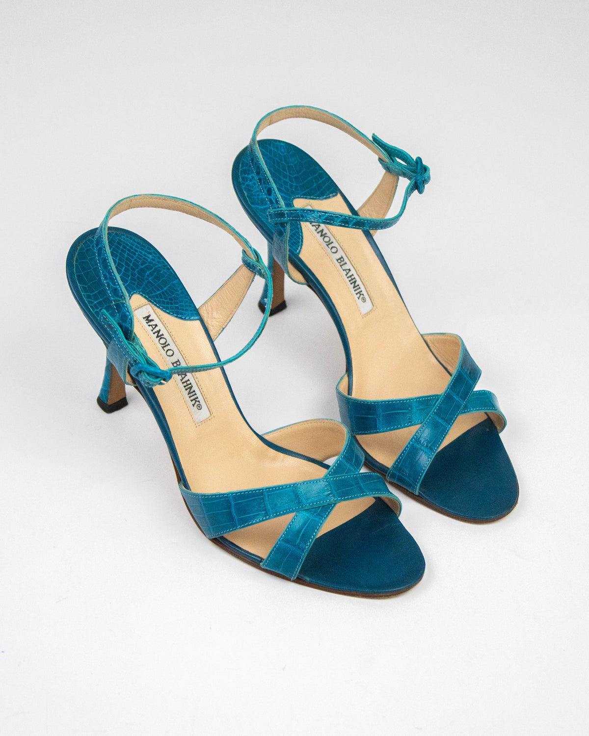 Vintage Manolo Blahnik Turquoise Callasli Ankle Strap Heels / 37 (US 7)