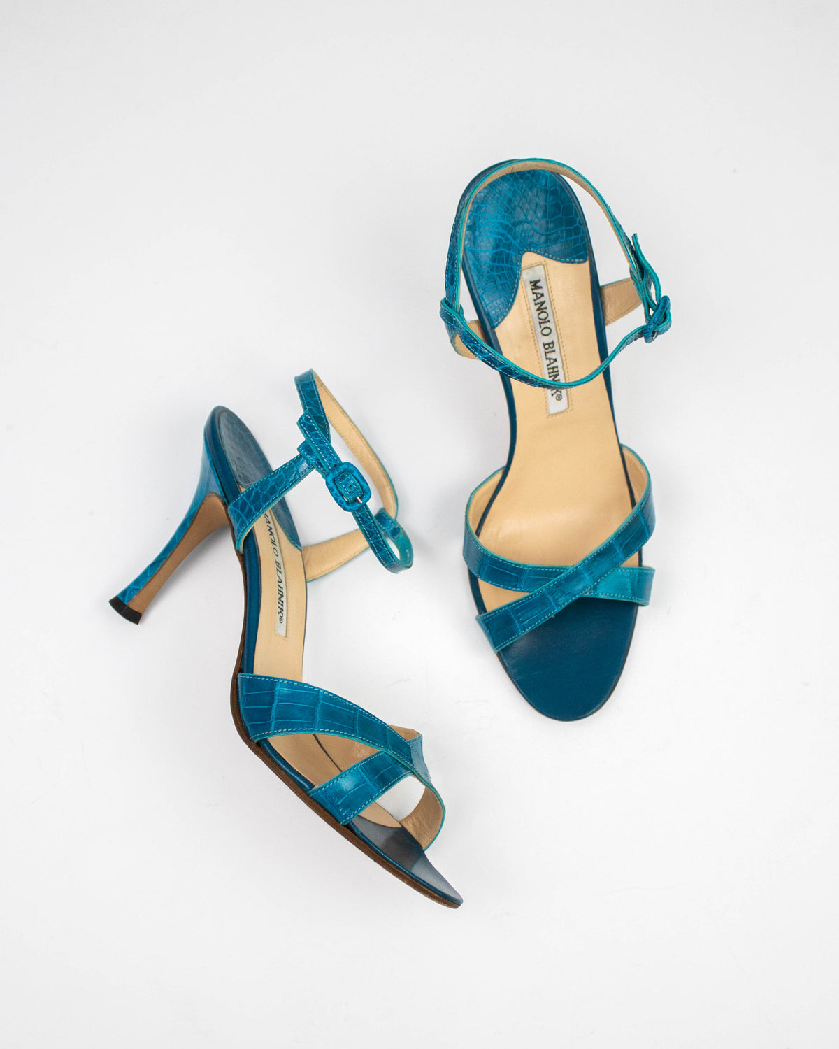 Vintage Manolo Blahnik Turquoise Callasli Ankle Strap Heels / 37 (US 7)