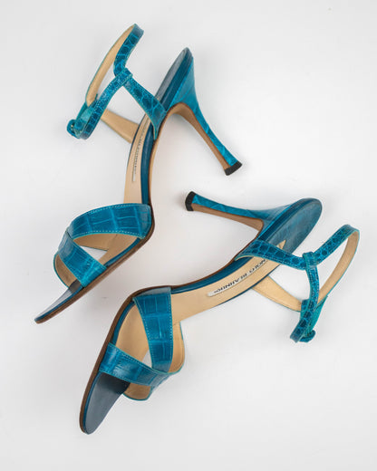 Vintage Manolo Blahnik Turquoise Callasli Ankle Strap Heels / 37 (US 7)