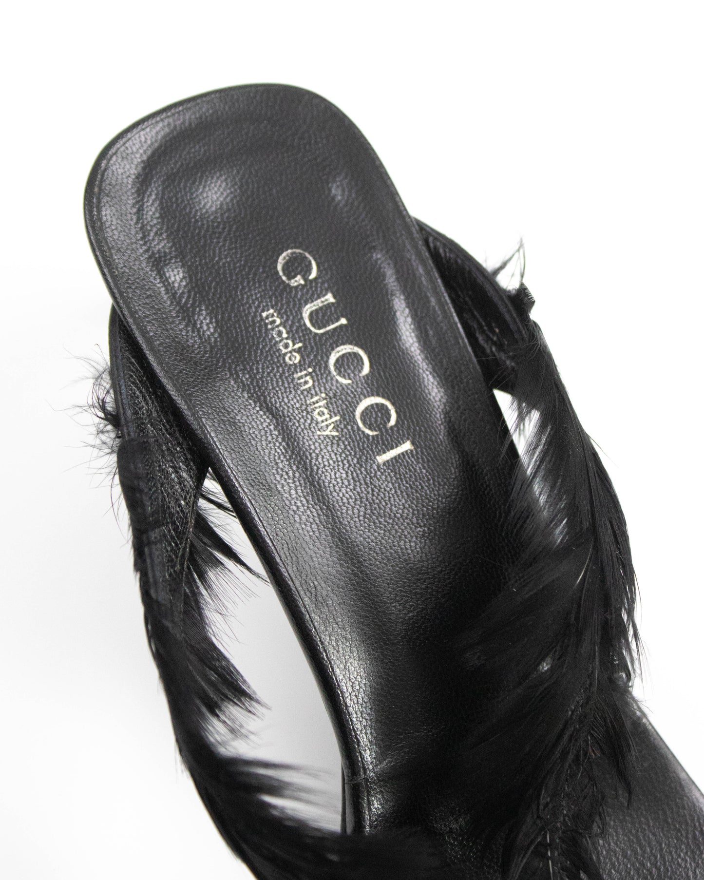 Vintage S/S 1999 Gucci Black Feather Thong Mule Runway Heels / 38.5 (US 8.5)