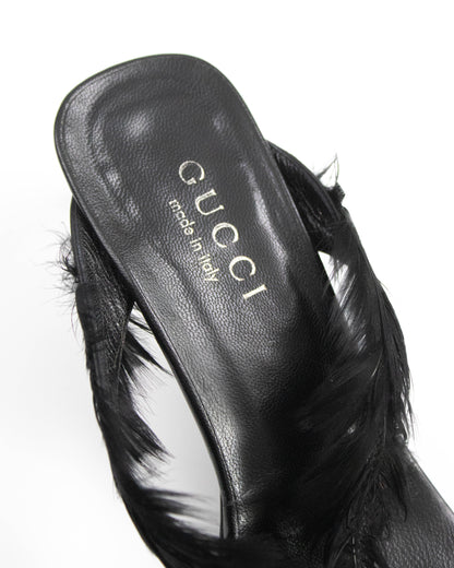 Vintage S/S 1999 Gucci Black Feather Thong Mule Runway Heels / 38.5 (US 8.5)